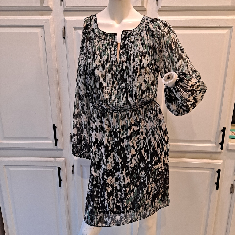 Max Edition Elegant Black Blue Green Abstract Pattern Lined Longsleeve Dress